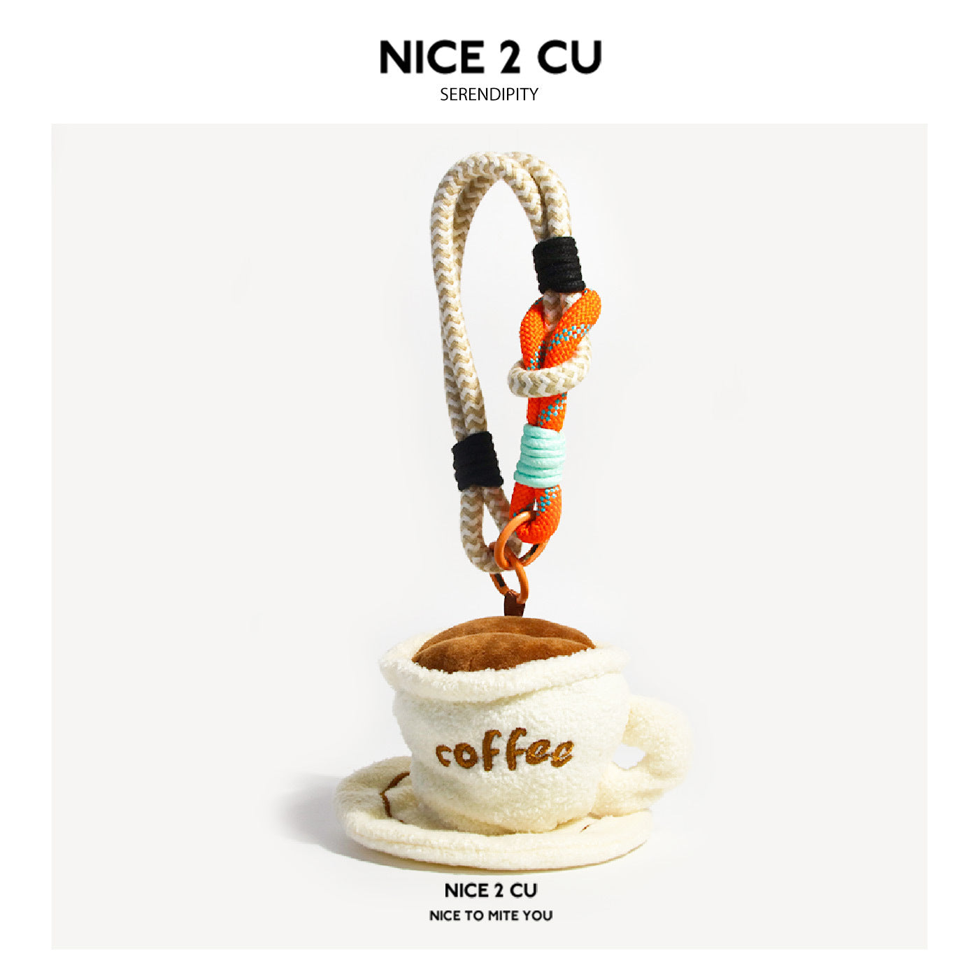 Coffee cup and saucer plush bag charm in cream and brown with rope loop attachment