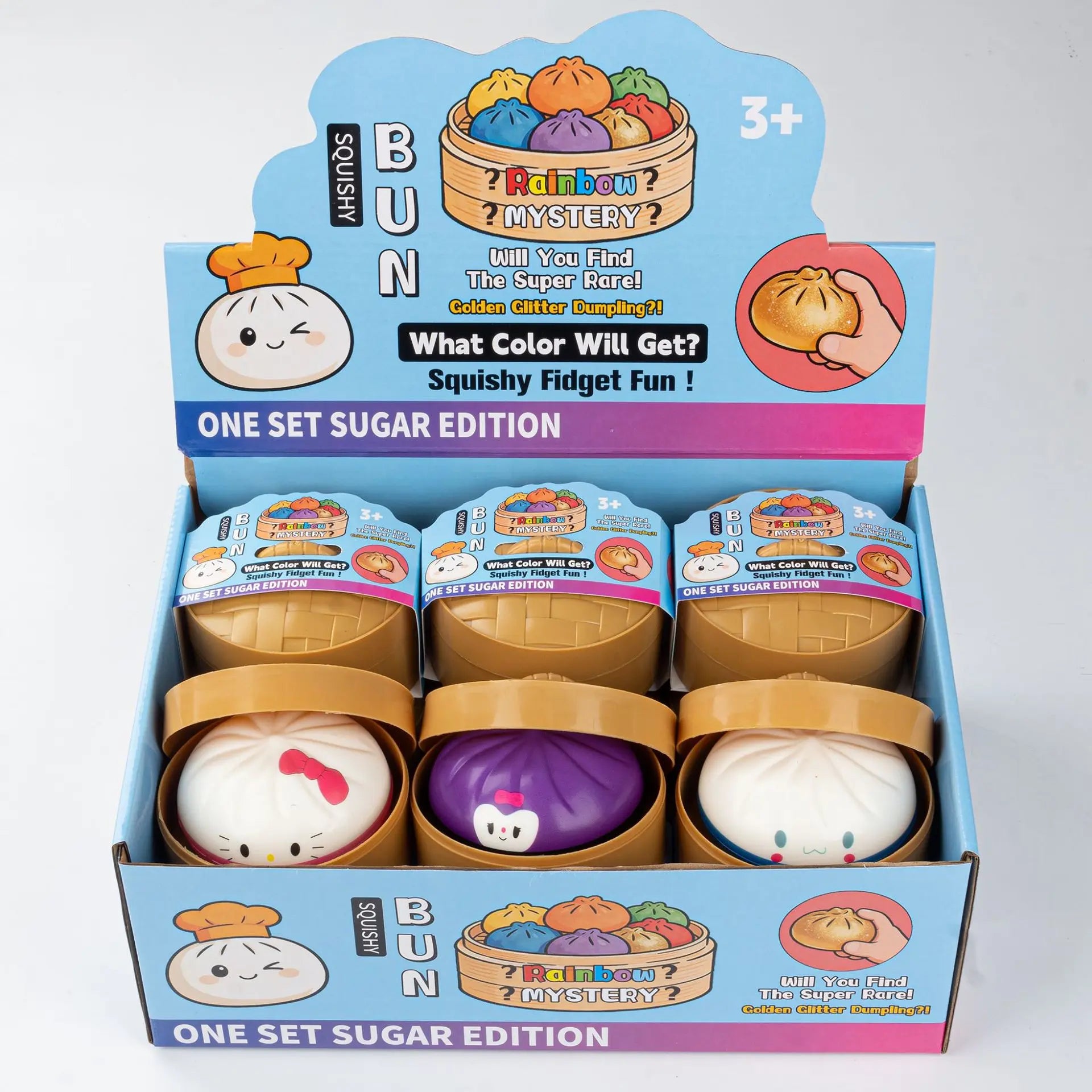 The ZoDoll Kawaii Character Squishy Bun Fidget Toy with Steamer – Sanrio-Inspired Sugar Edition display box includes 6 cute cartoon squishies in colorful packaging, perfect for ages 3+, and features playful pink accents.