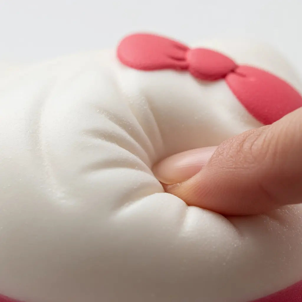 A close-up of a finger pressing into the ZoDoll Kawaii Character Squishy Bun Fidget Toy with Steamer – Sanrio-Inspired Sugar Edition, showcasing its softness and playful pink details—great inspiration for a fun UI color palette.