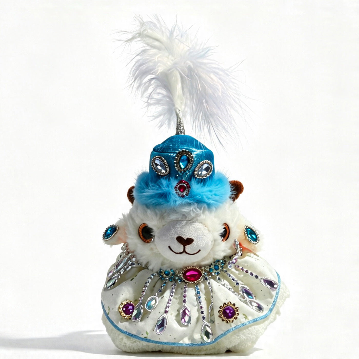 Plush lamb figurine with bright blue hat and pale blue jeweled lace dress with ribbon bow accent