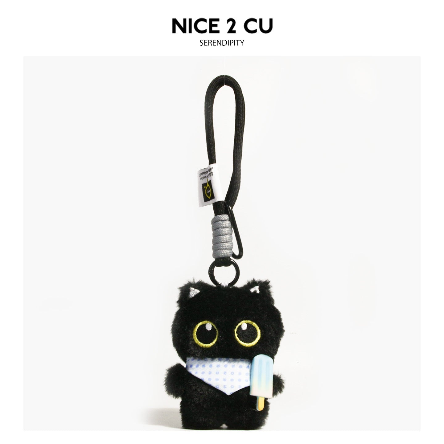 Black cat plush keychain with light blue bib and pale blue popsicle accessory