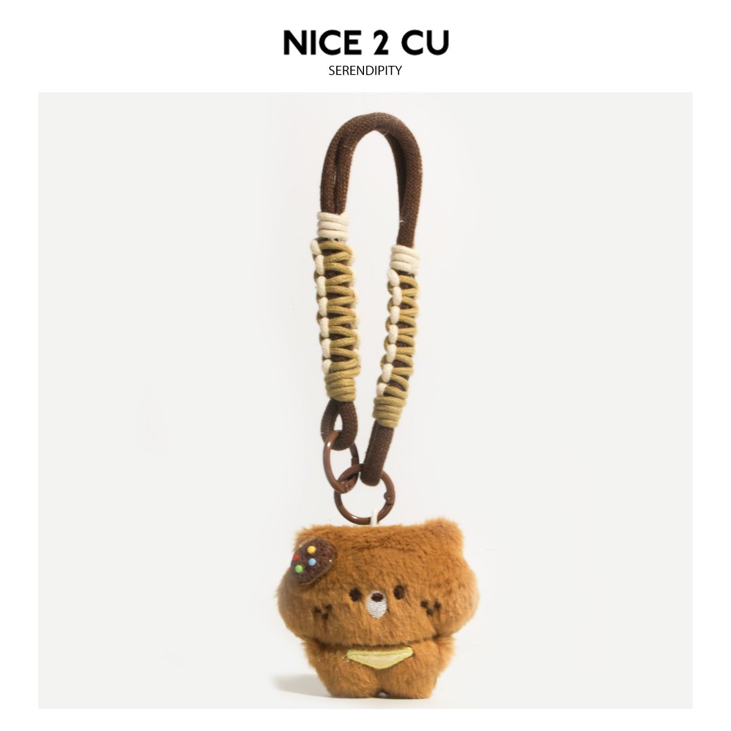 Kawaii cookie bear plush charm with colorful dot head decoration and olive braided cord loop