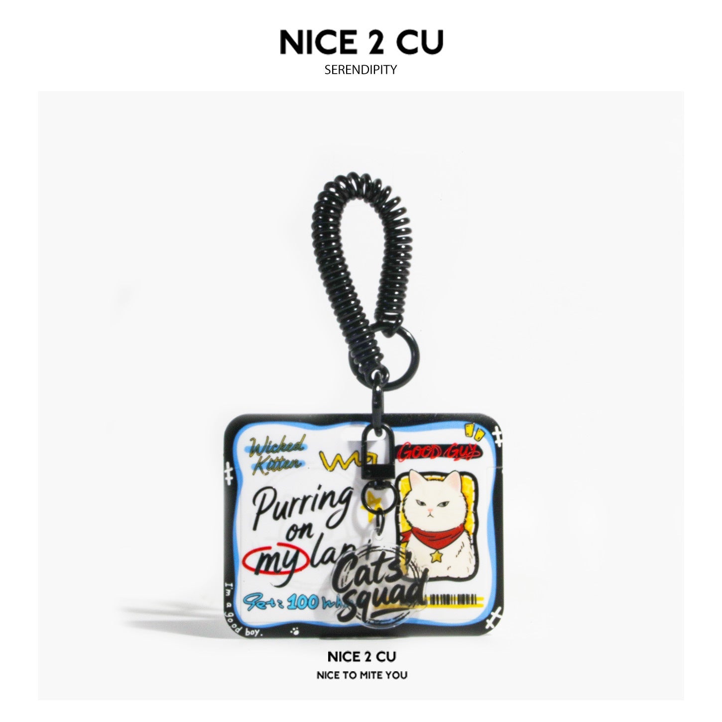 White cat graffiti-style card holder with blue front panel and black coil wrist strap