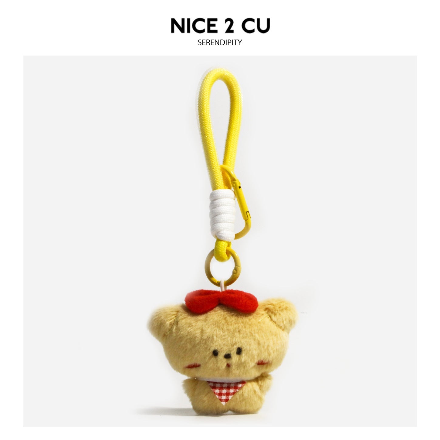 Plush bear charm keychain with red checkered front bib, red bow, and yellow hanging cord