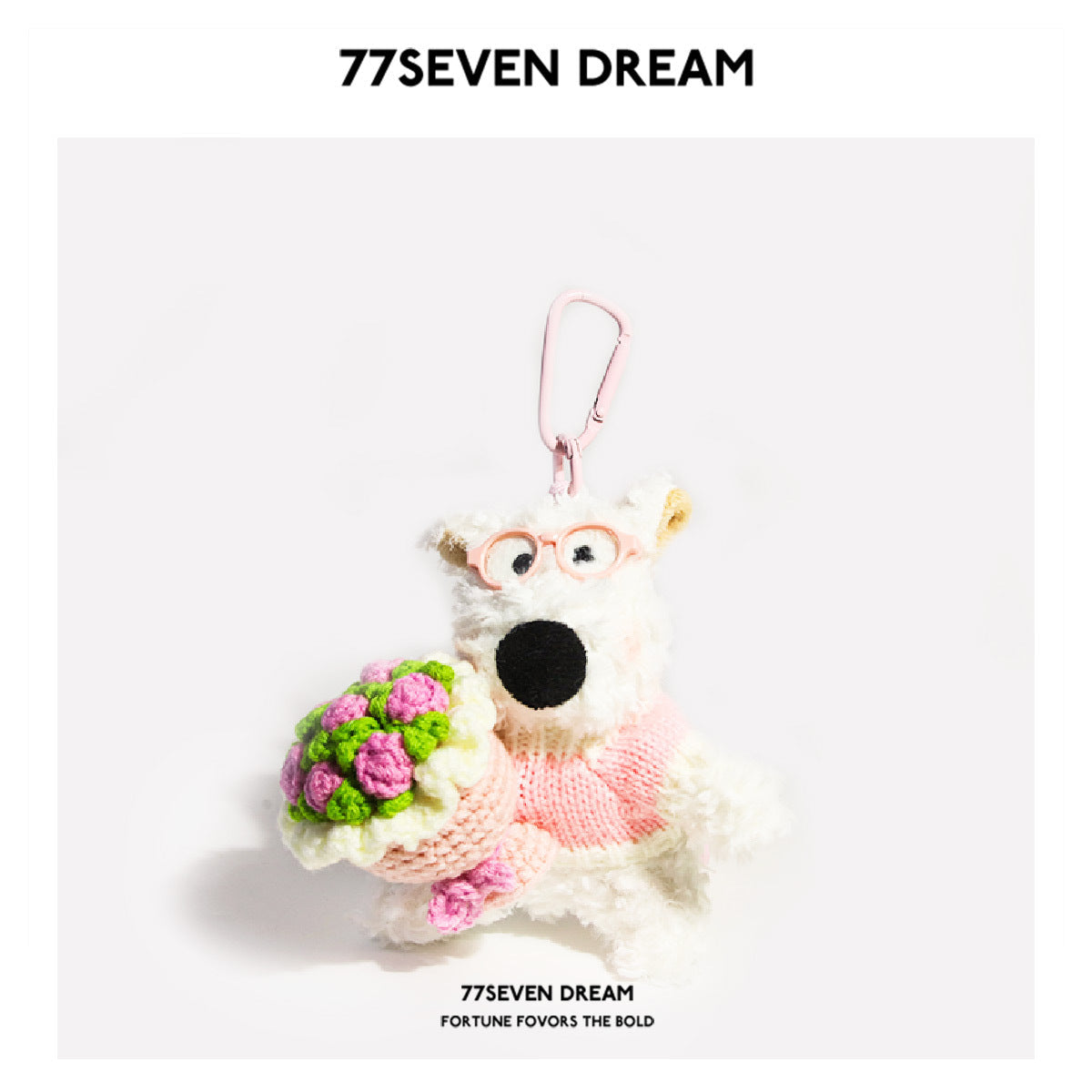 White Westie plush charm with pink round glasses, pink outfit accents, and a pink-and-green flower bouquet
