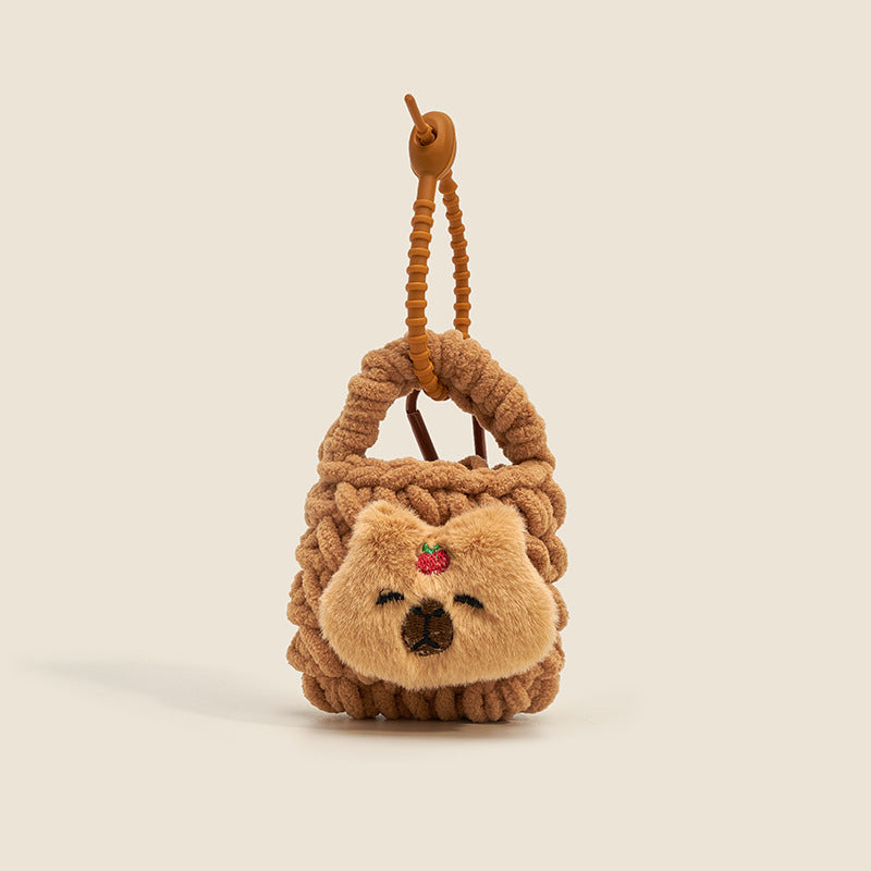 Brown chunky-knit mini bag charm with bear face design and brown coiled cord
