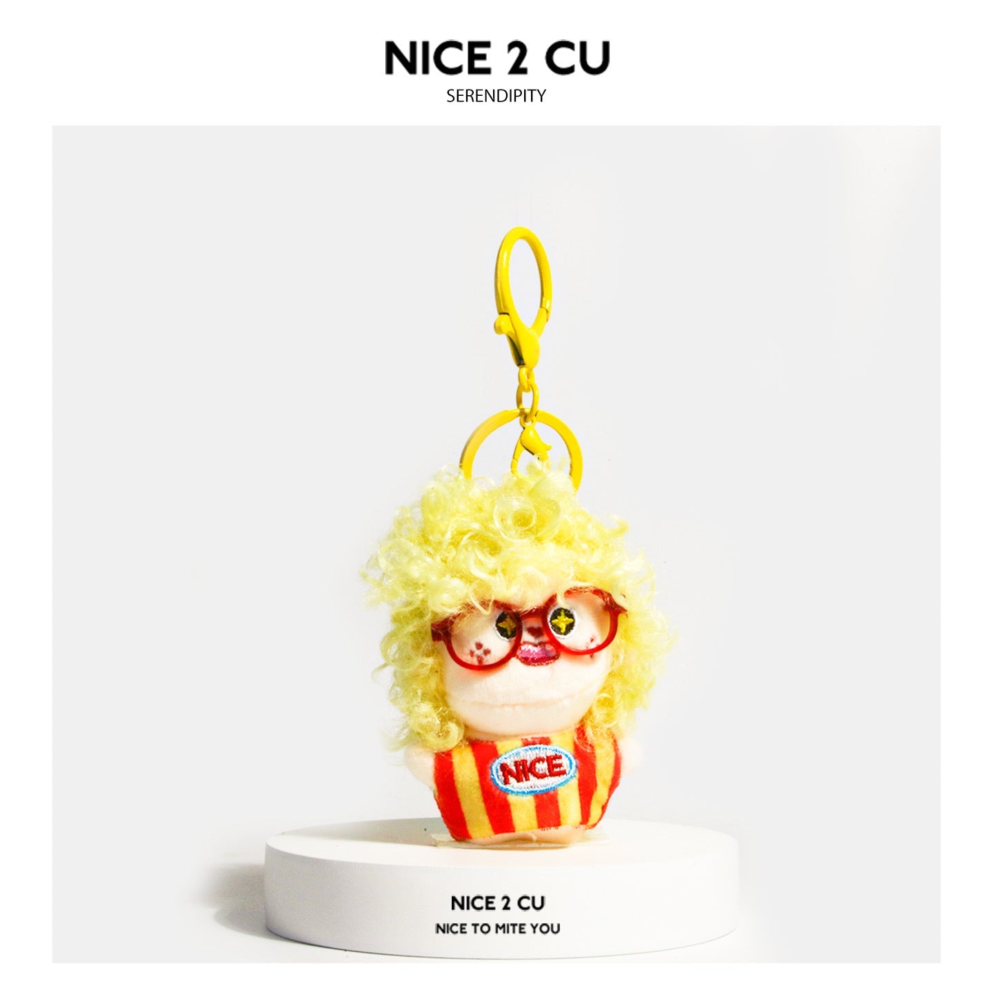 Yellow curly-hair plush doll bag charm with red glasses and NICE chest patch, red-yellow striped outfit, yellow clasp