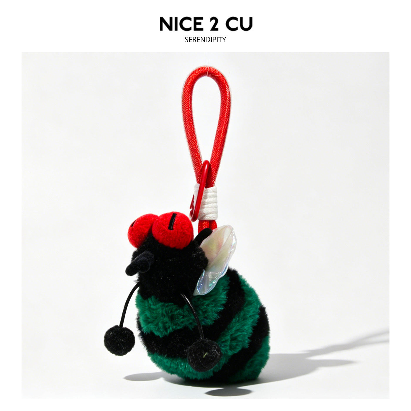 Black and green striped fly plush keychain with red eyes and transparent wings
