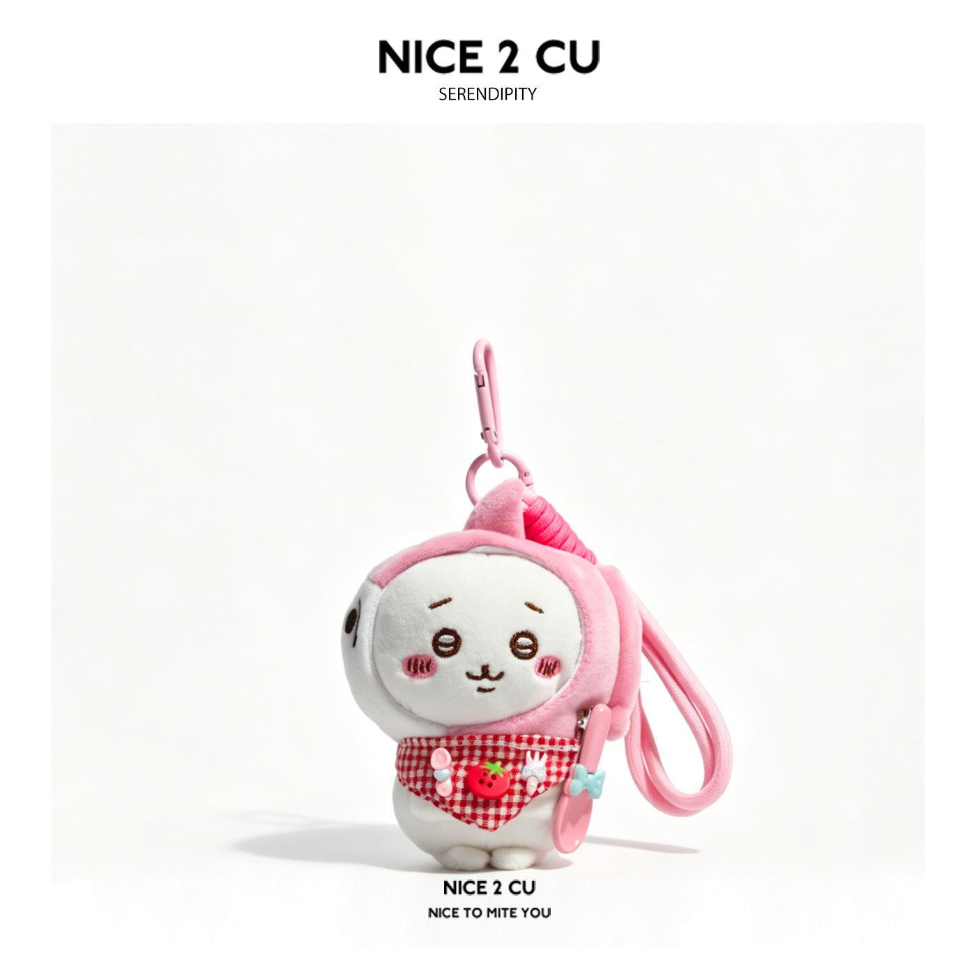 Pink-hooded chibi plush keychain charm with red gingham bib and carabiner clip strap