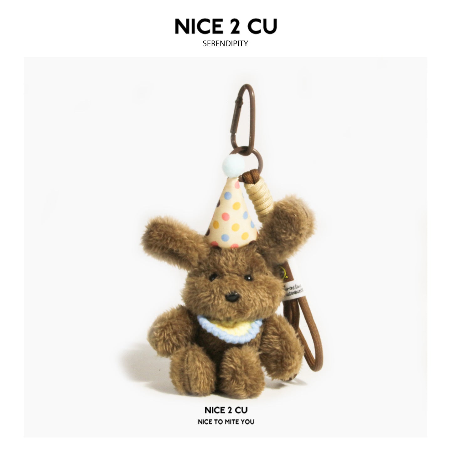 Caramel brown plush dog keychain charm with multicolor polka-dot party hat and light blue bib