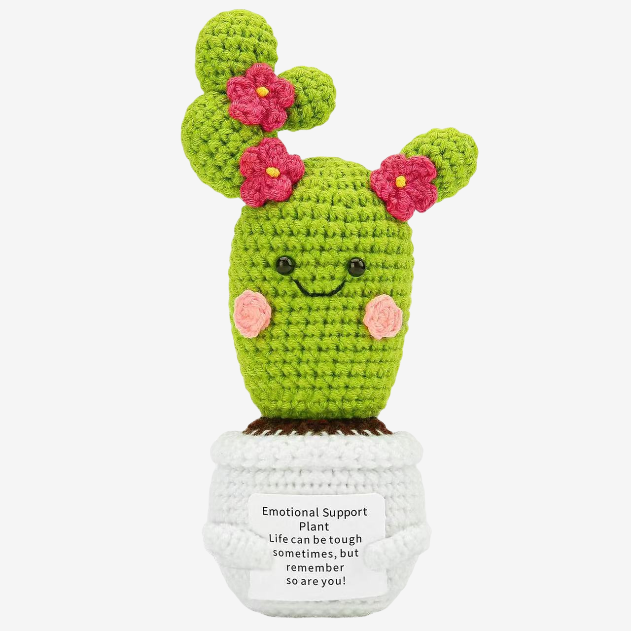 ZoDoll's Emotional Support Cactus Crochet Amigurumi is a plush gift with pink flowers, a smile, and a white pot labeled "Emotional Support Plant"—a gentle reminder that life can be tough, but so are you!.