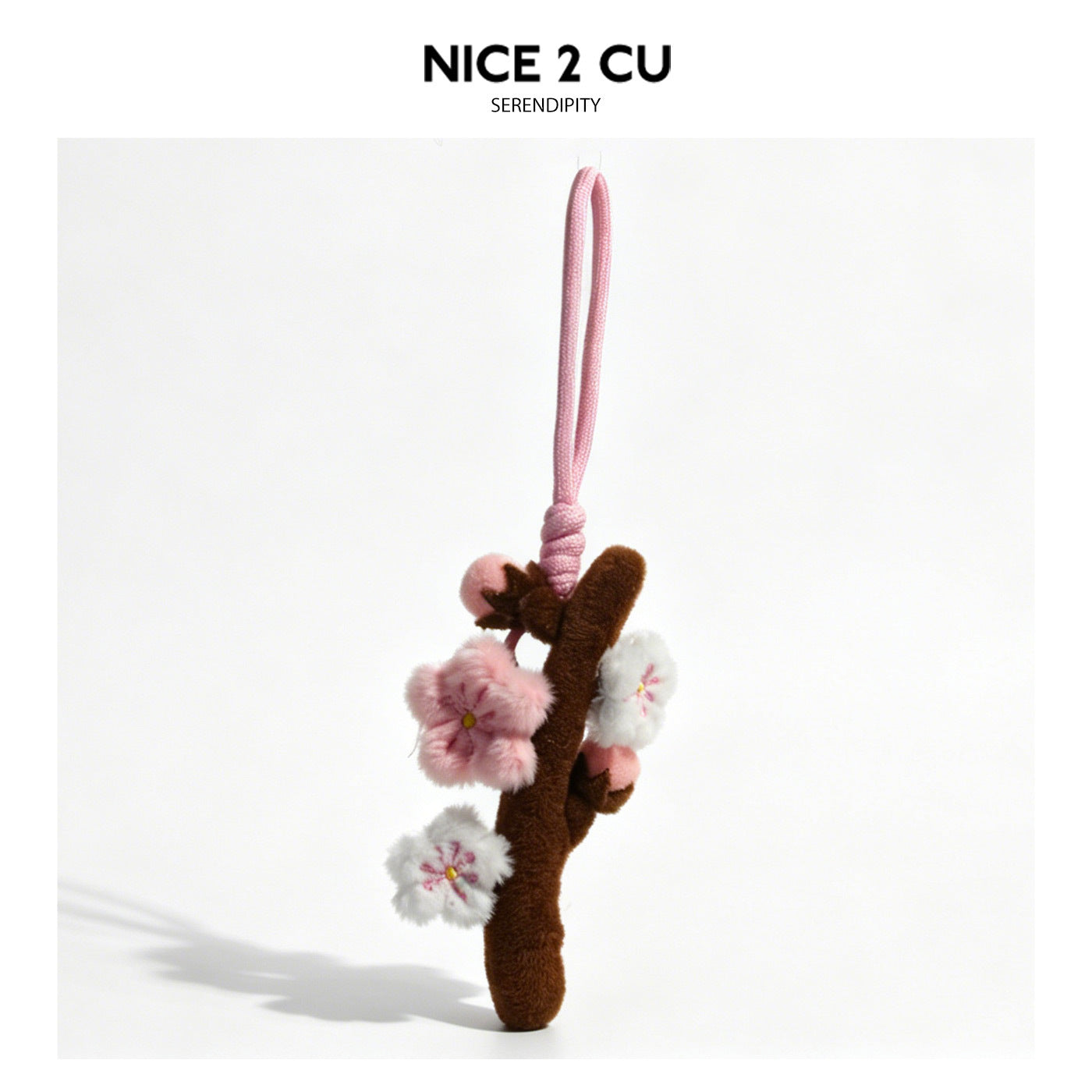 Brown plush cherry blossom branch charm with pink and white flower details and loop strap