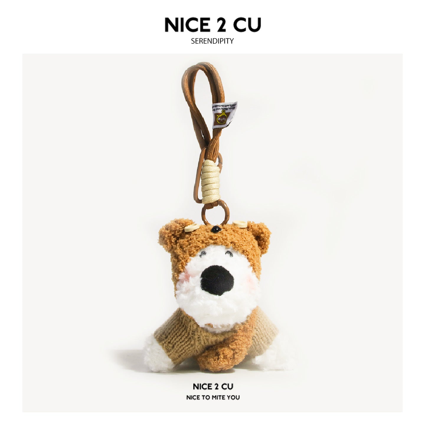 Fluffy dog plush charm with brown bear hood and khaki cream knit body on green clip