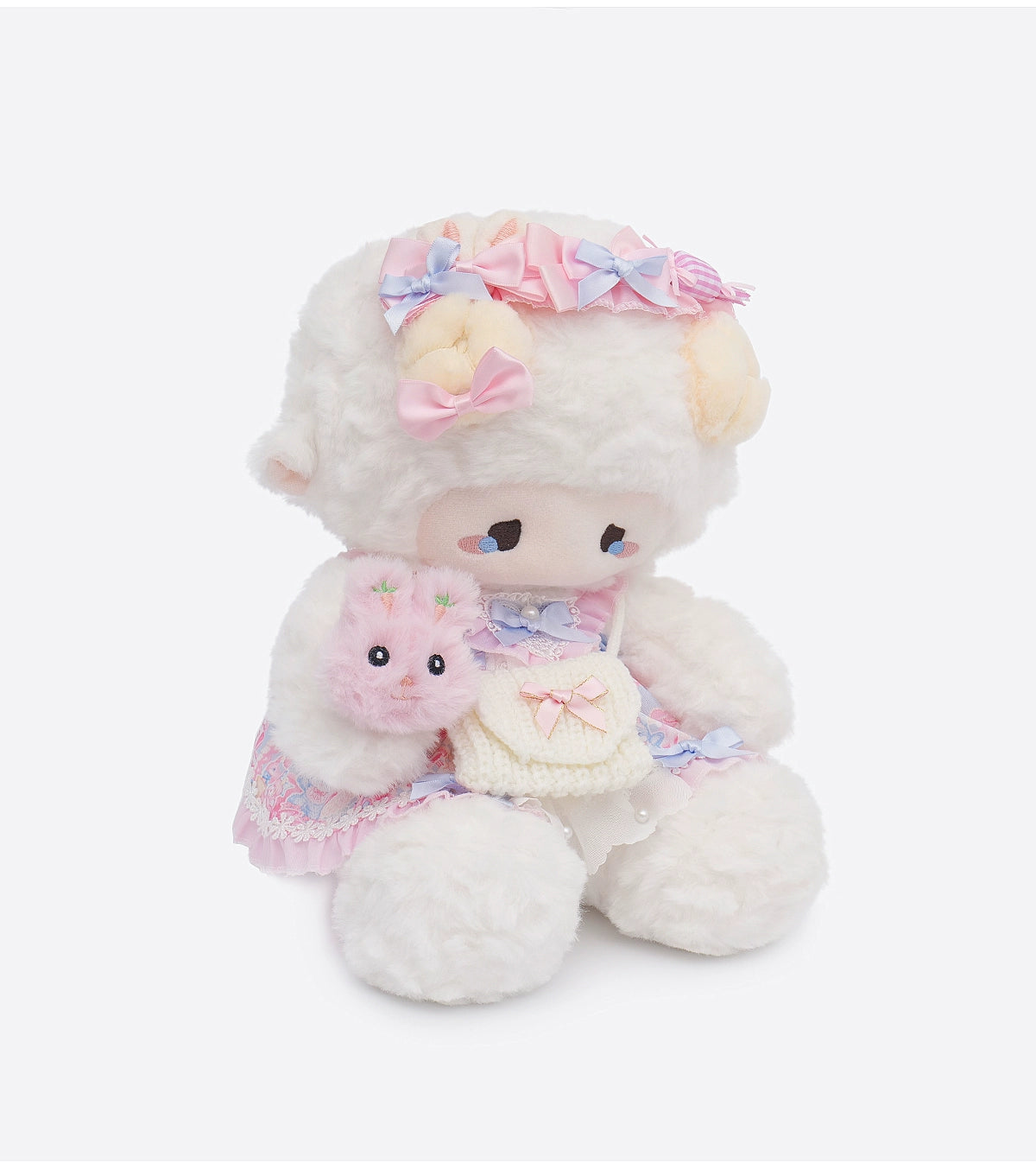 The ZEIO Fashion Sheep Plush Toy is a 29cm collectible lamb doll in a floral dress with pastel bows, holding a pink plush and a tiny white backpack, perfect for gifting or display.