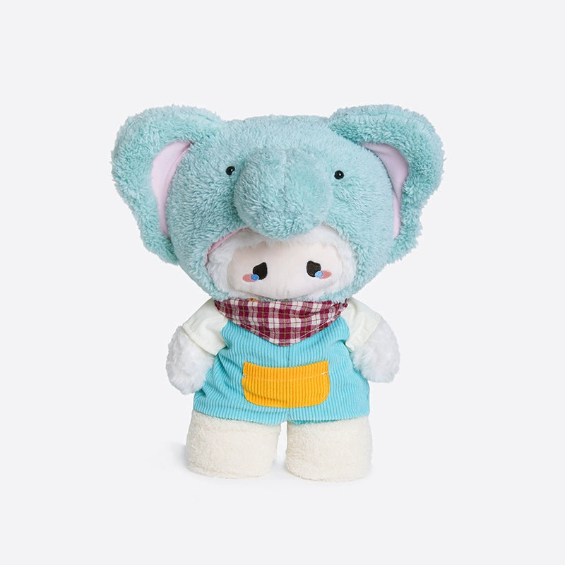 The ZEIO Elephant Plush Toy 29cm is a soft stuffed bear in a blue elephant costume, featuring a red plaid scarf and yellow pocket—perfect for nursery décor and stands out against a plain white background.