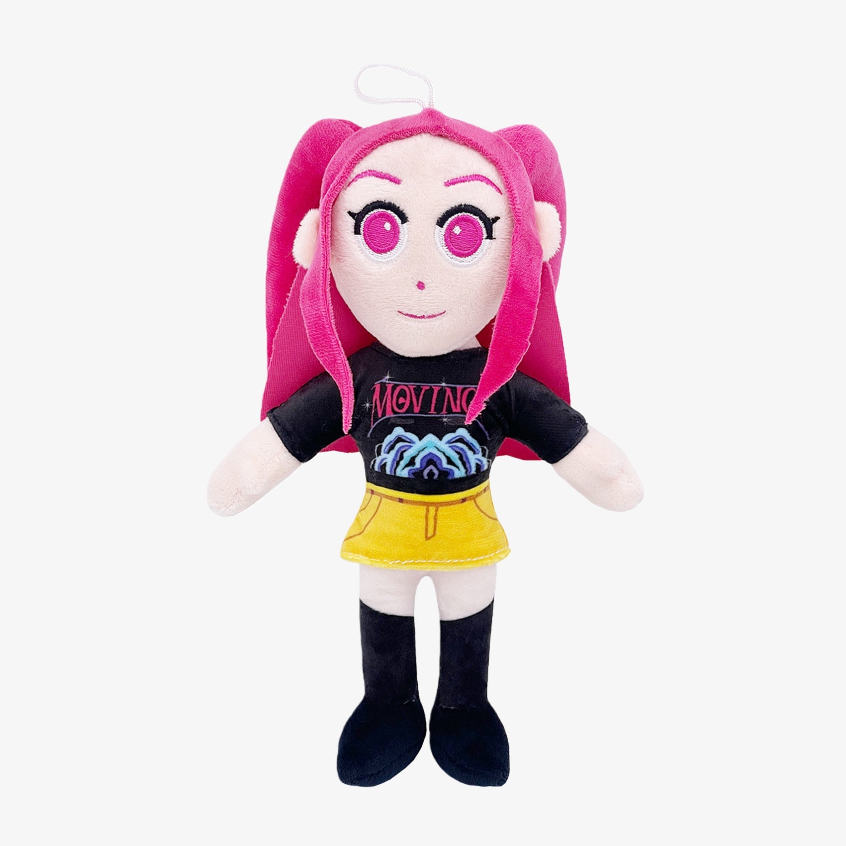 The Demon Hunters Anime Plush Doll 11-Inch features a pink-haired female character with large pink eyes, black t-shirt, yellow skirt, black boots, and a hanging loop. Perfect collectible soft stuffed toy for Demon Hunters fans.