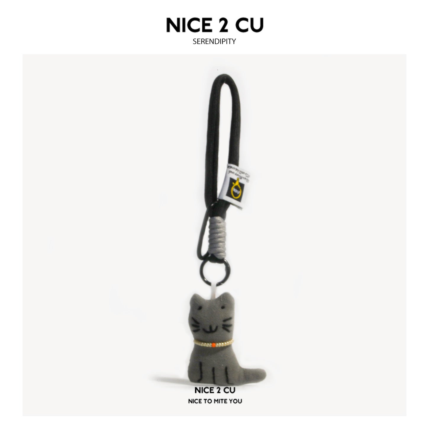 NICE 2 CU grey cat keychain charm with gold-and-orange collar necklace and black braided cord loop