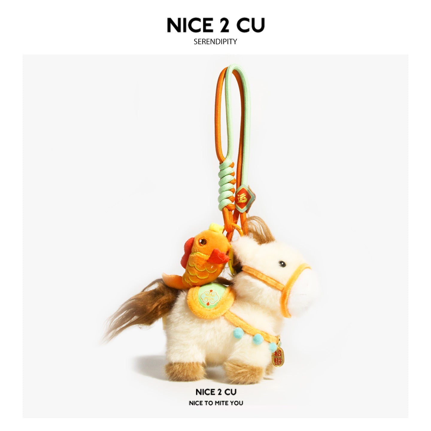 Light beige plush pony charm with orange-yellow tack, fish-shaped back ornament, and light green hanging loop