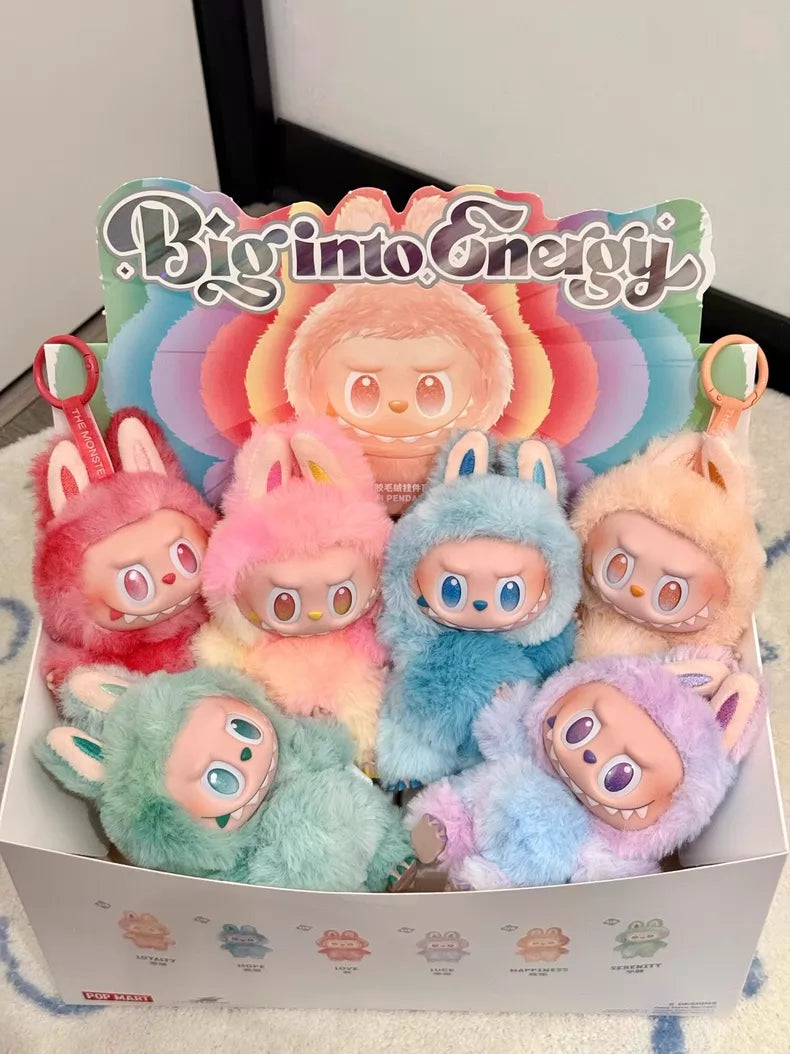 POP MART Labubu “Big Into Energy” 6‑Piece Plush Keychain Set includes collectible plush keychains in pastel animal costumes representing Love, Happiness, Loyalty, Serenity, Hope & Luck.