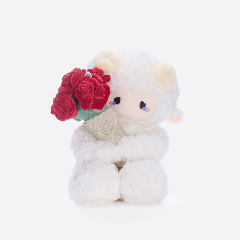 The ZEIO Rose-holding Lamb Plush Toy (29cm) is an adorable sheep doll with ivory fur, tan horns, and a bouquet of red roses—an ideal Valentine’s gift, shown against a plain white background.