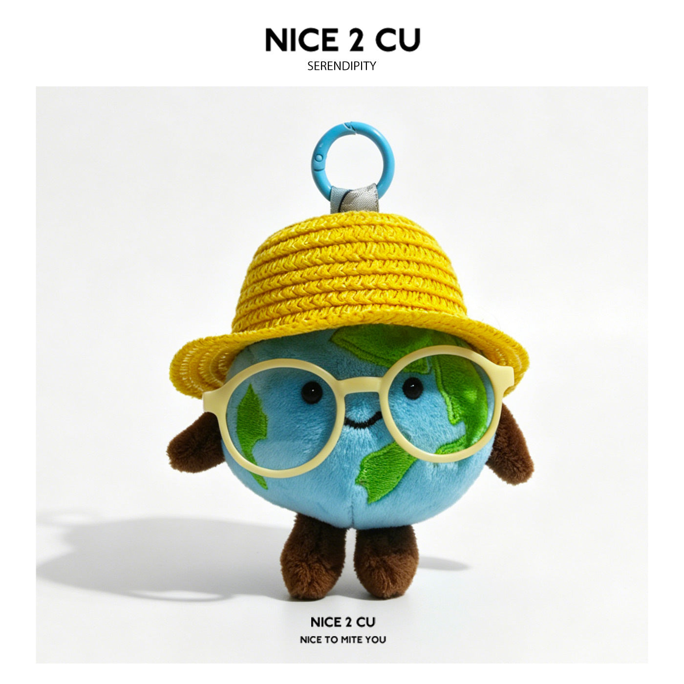 Kawaii Earth globe plush charm wearing pale yellow round glasses and a yellow woven hat