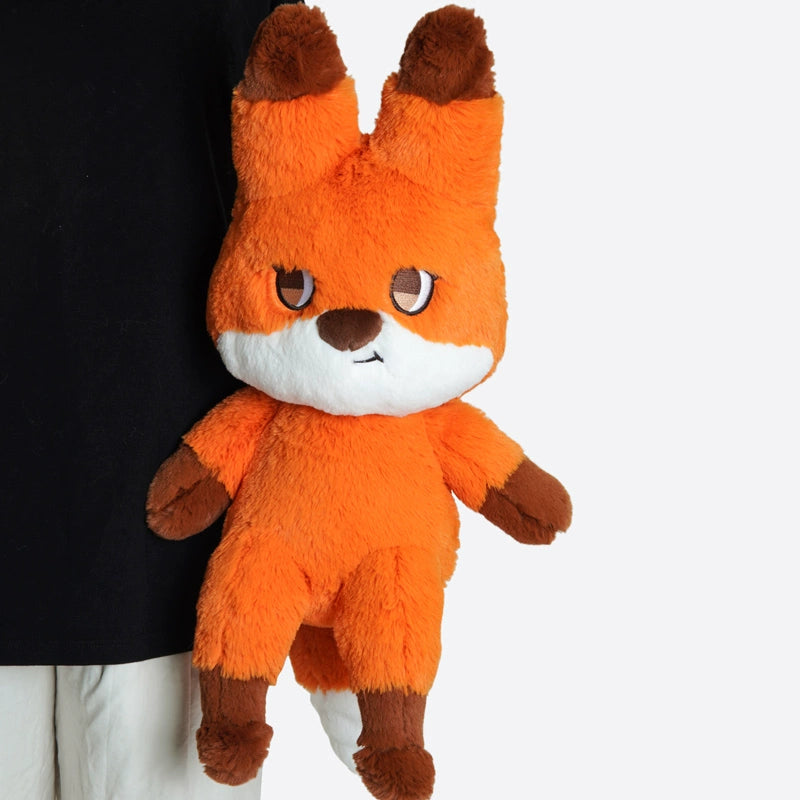 A person holds the ZEIO Fox Plush Toy 42cm, a soft large stuffed animal featuring orange and white fur, brown ears, paws, and a fluffy tail tip, against a plain background.