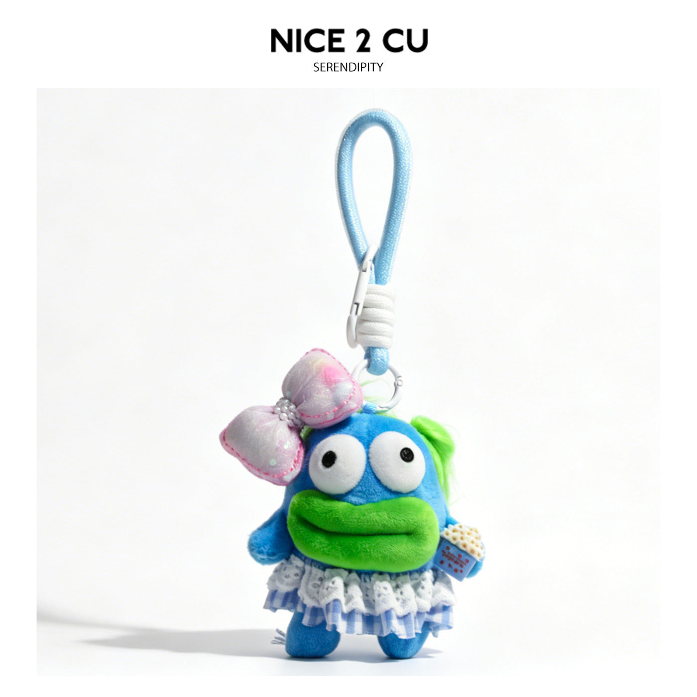 Blue kawaii frog plush keychain wearing a blue gingham ruffled skirt and large pink floral bow, with carabiner clip