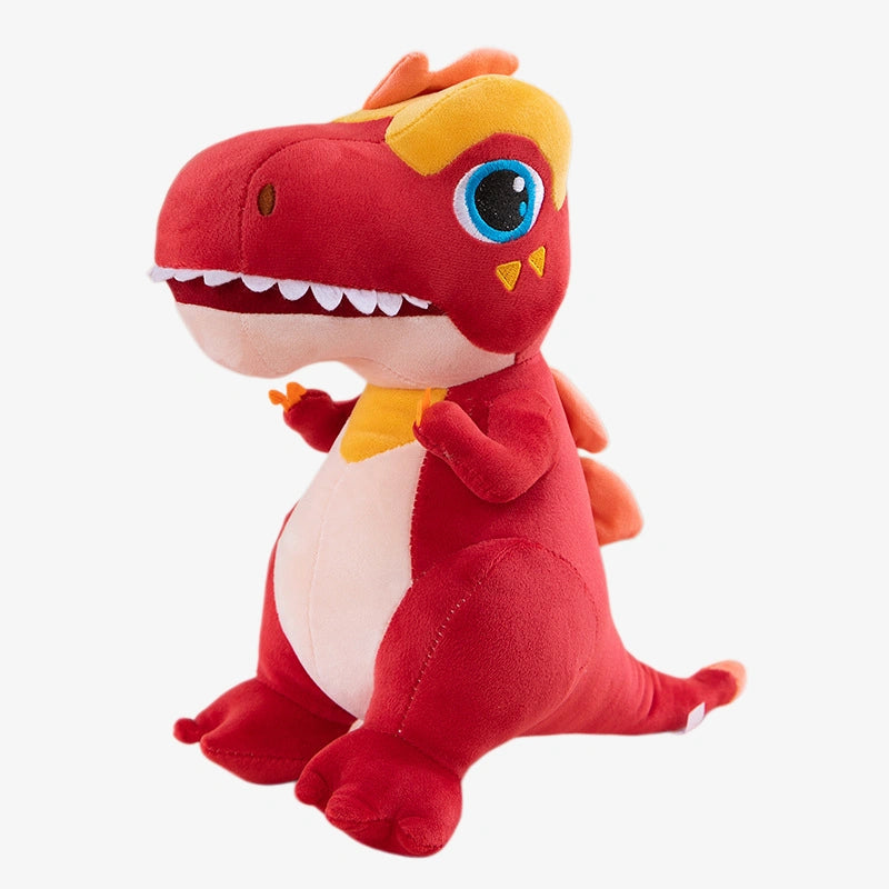 The ZoDoll T Rex Plush Dinosaur Soft Stuffed Animal Toy, a cute plush T Rex doll pillow (40cm/50cm), features red and orange colors, big blue eyes, white teeth, yellow accents, and a cream belly—perfect for cuddling.