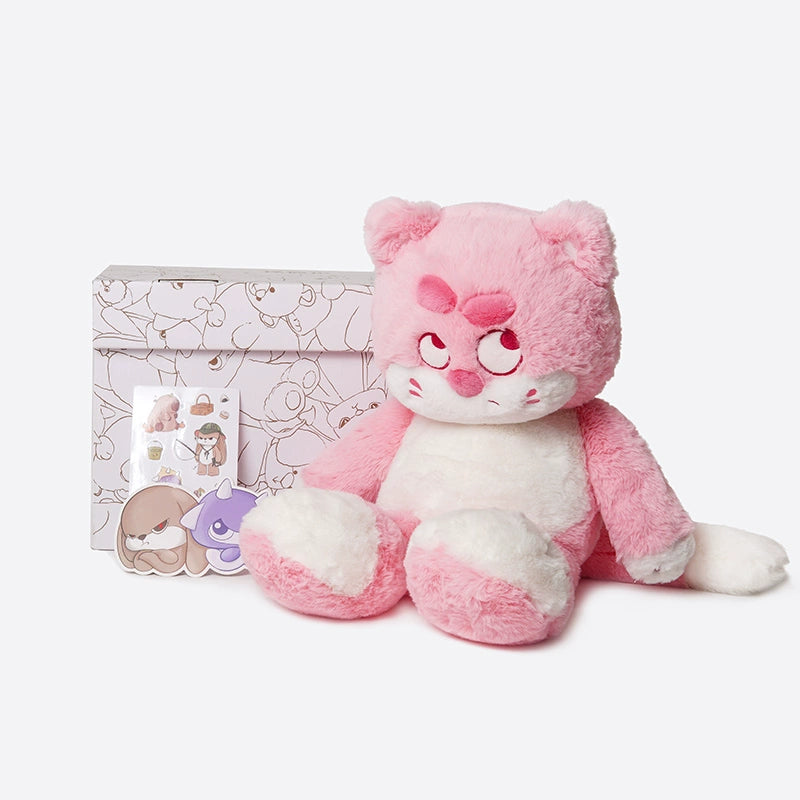 A ZEIO Pink Cat Plush Toy 50cm, a decorated box, matching stickers, and a pin—all featuring the same expressive cartoon kitty—are arranged together on a plain white background.