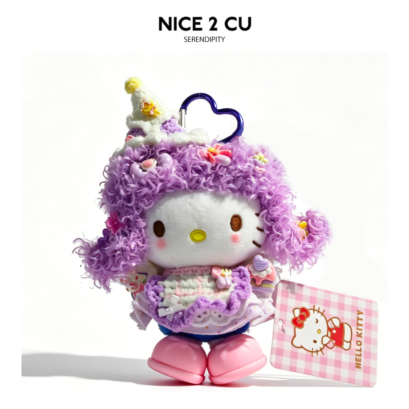 Hello Kitty plush bag charm with purple curly hair, small pointed hat, pastel purple outfit, and blue heart carabiner clip