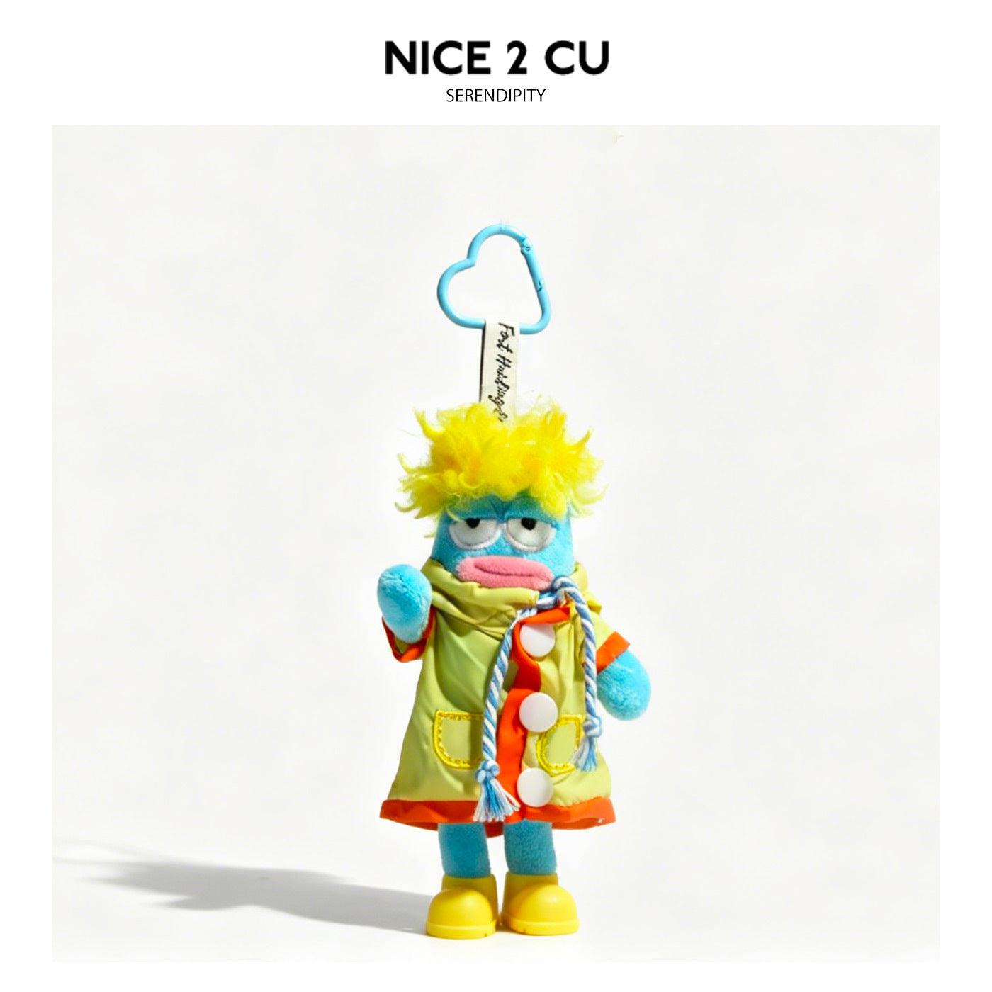 Sky blue cartoon plush pendant wearing lime green and orange raincoat with yellow shoes and light blue heart-shaped carabiner