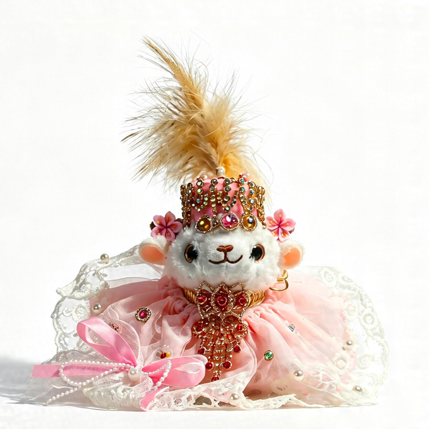 Plush lamb figurine in pink dress with crown-shaped feathered headpiece and gold-red jeweled accents