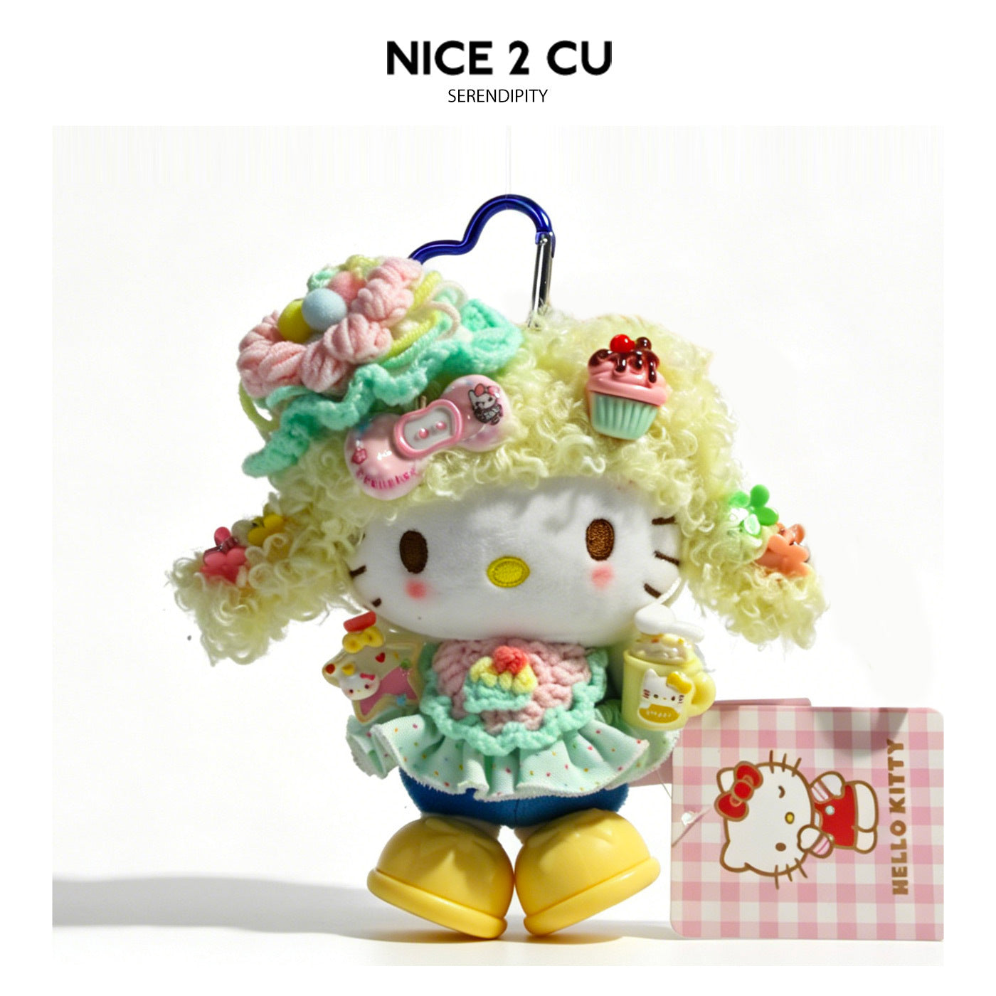 Hello Kitty plush bag charm with pale yellow curly hair, mint green outfit, yellow shoes, and blue heart carabiner clip