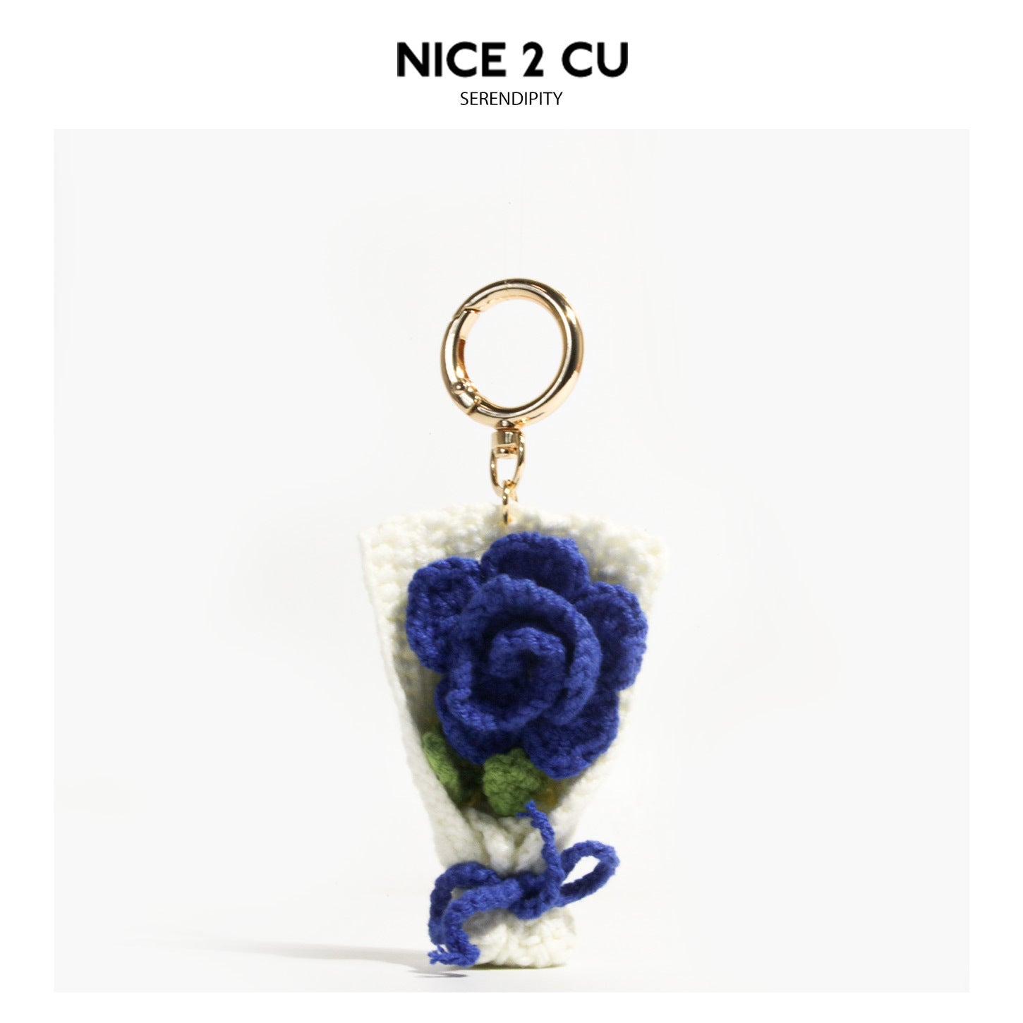 Crochet deep blue rose bouquet bag charm with white wrapping cone and gold-tone split ring