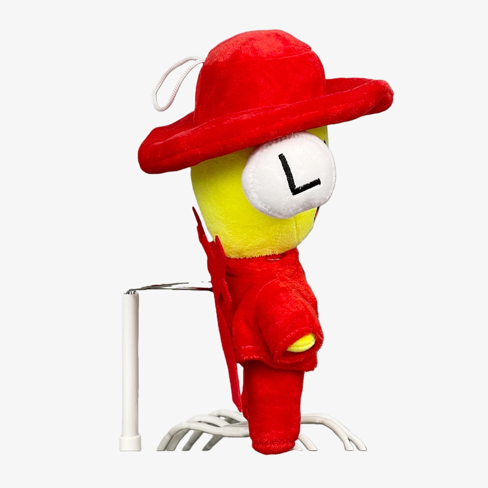 The Steal a Brainrot Inspired Red Outfit Character Plush Toy features a smiling yellow face, red costume with hat and ear pads, and stands 9.4 inches tall—a soft, collectible plush doll perfect for fans.