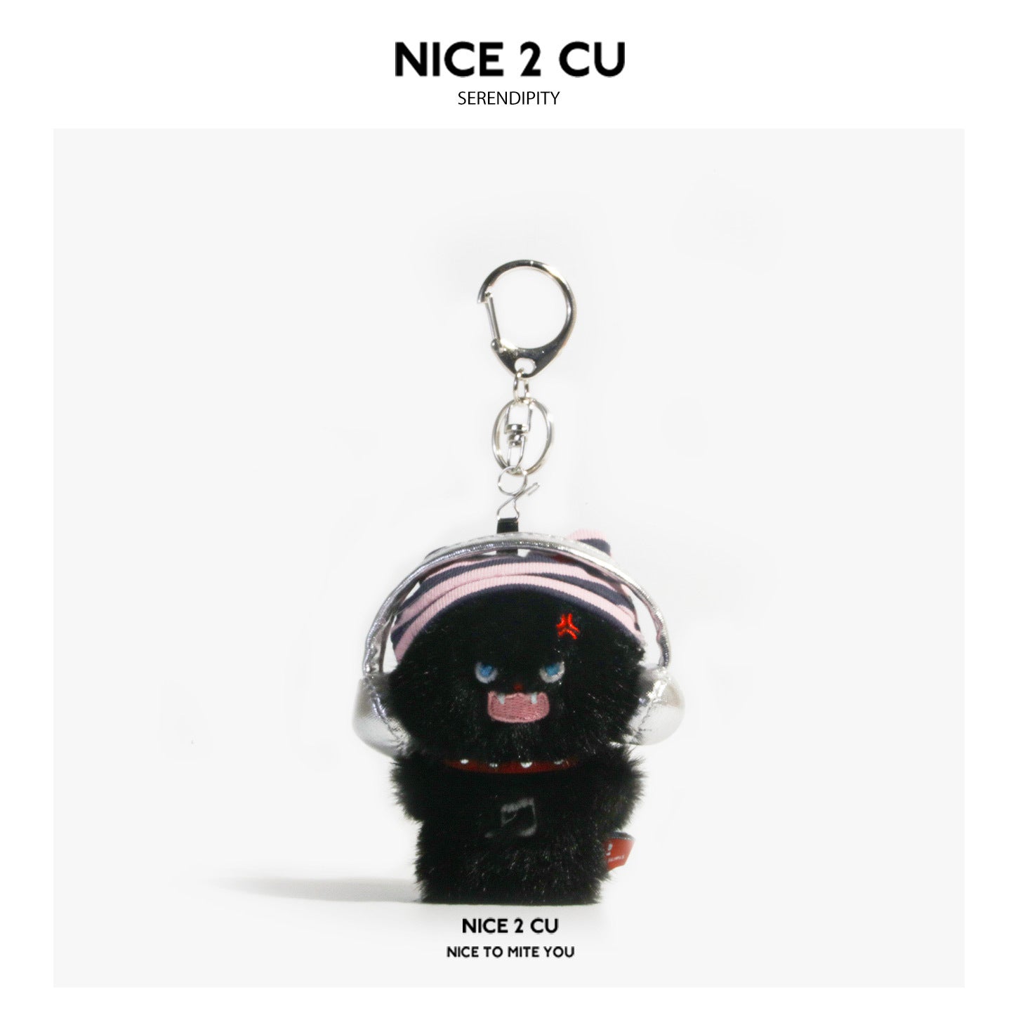 Black fluffy plush cat keychain charm wearing large over-ear headphones and a striped headband, with silver keyring