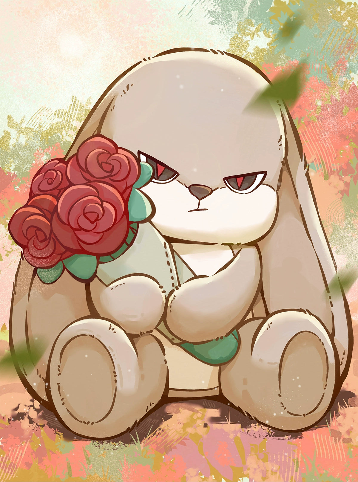 The ZEIO Rose-Holding Bunny Plush Toy (29cm) is a soft rabbit doll with droopy ears, a serious expression, and a plush red rose bouquet—an adorable addition to nursery décor or as a charming gift.