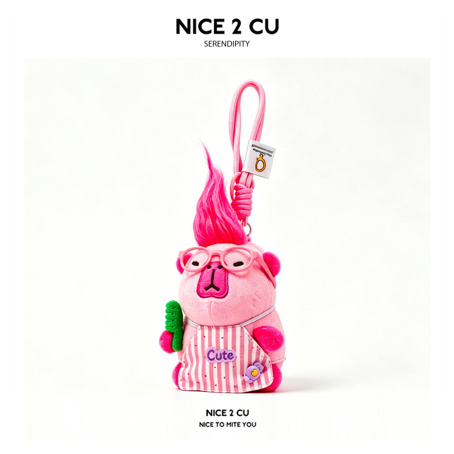 Kawaii pink capybara plush keychain charm with spiky hot-pink hair, pink round glasses, and pink-and-white striped apron embr