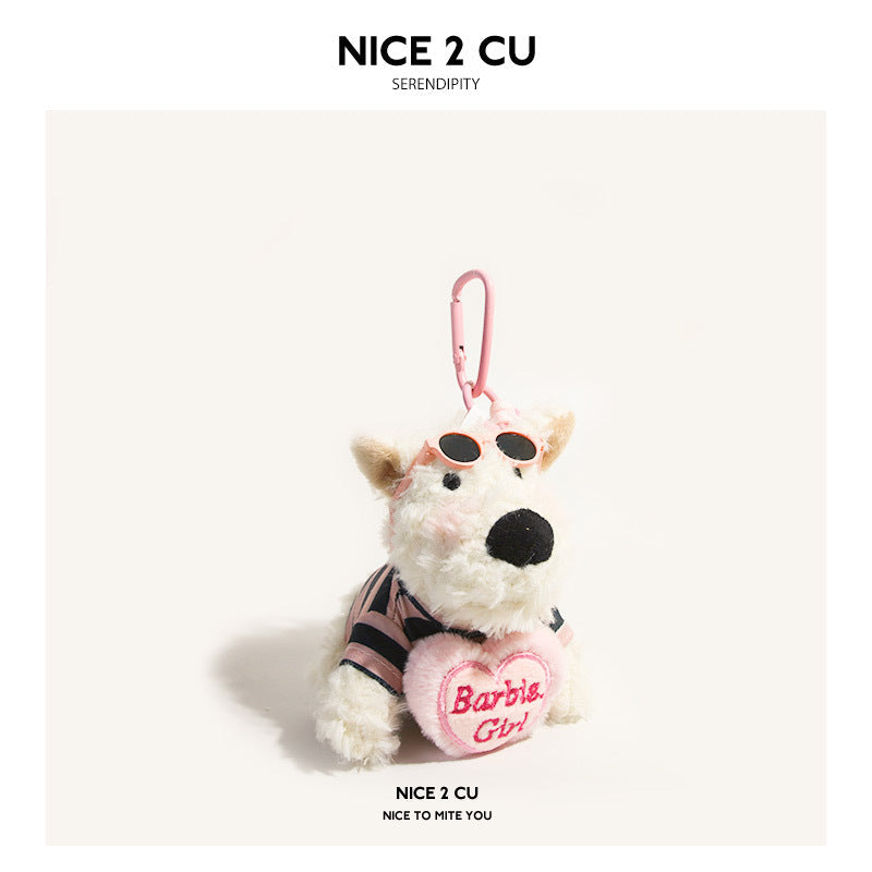 White Westie plush keychain wearing pink sunglasses and black-pink striped shirt holding pink heart plush, pink carabiner cli