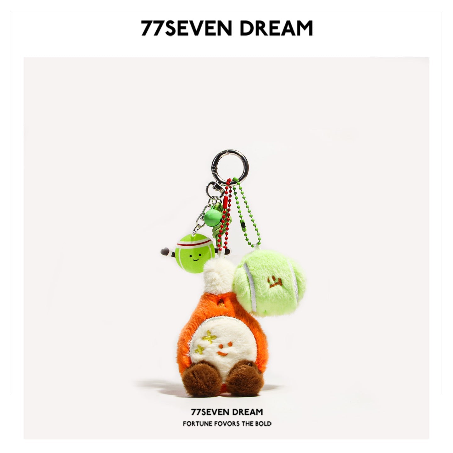 Tennis-themed plush keychain pendant with green ball character and miu-style bead chain hanger in green, red, and white