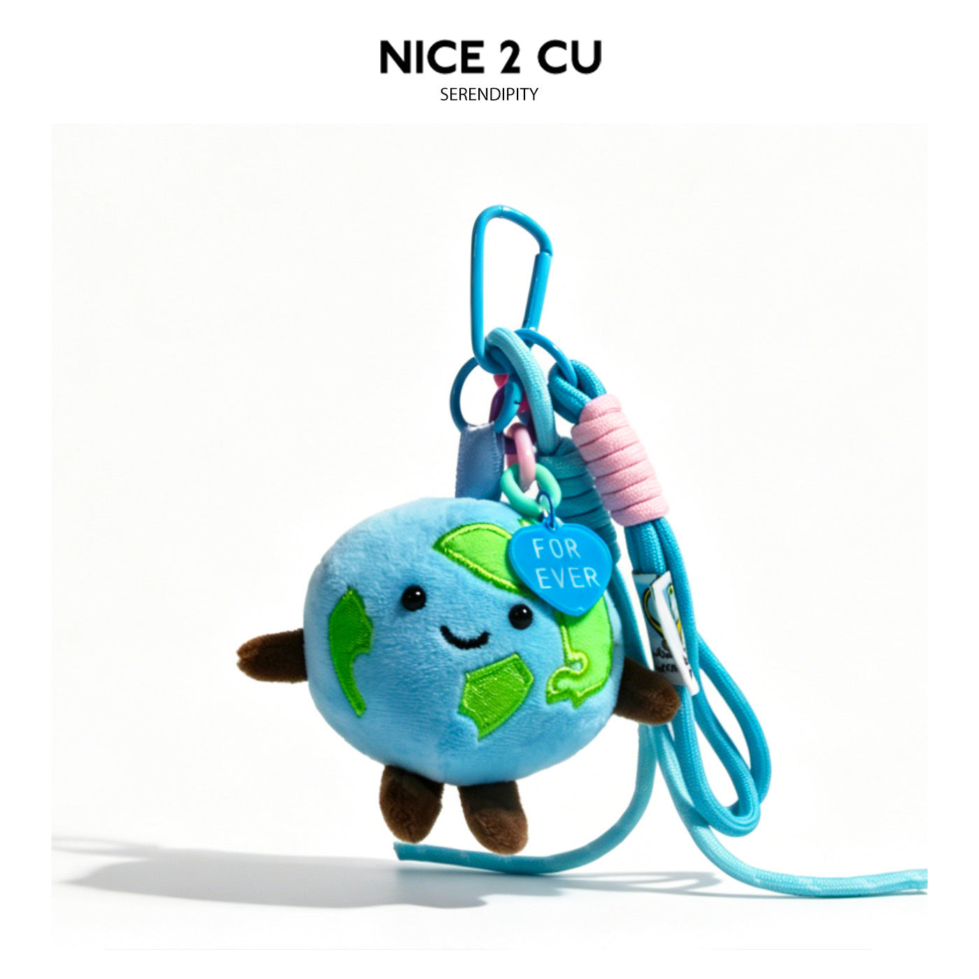 Light blue Earth globe plush keychain with green continents and a pink heart charm tag reading FOR EVER