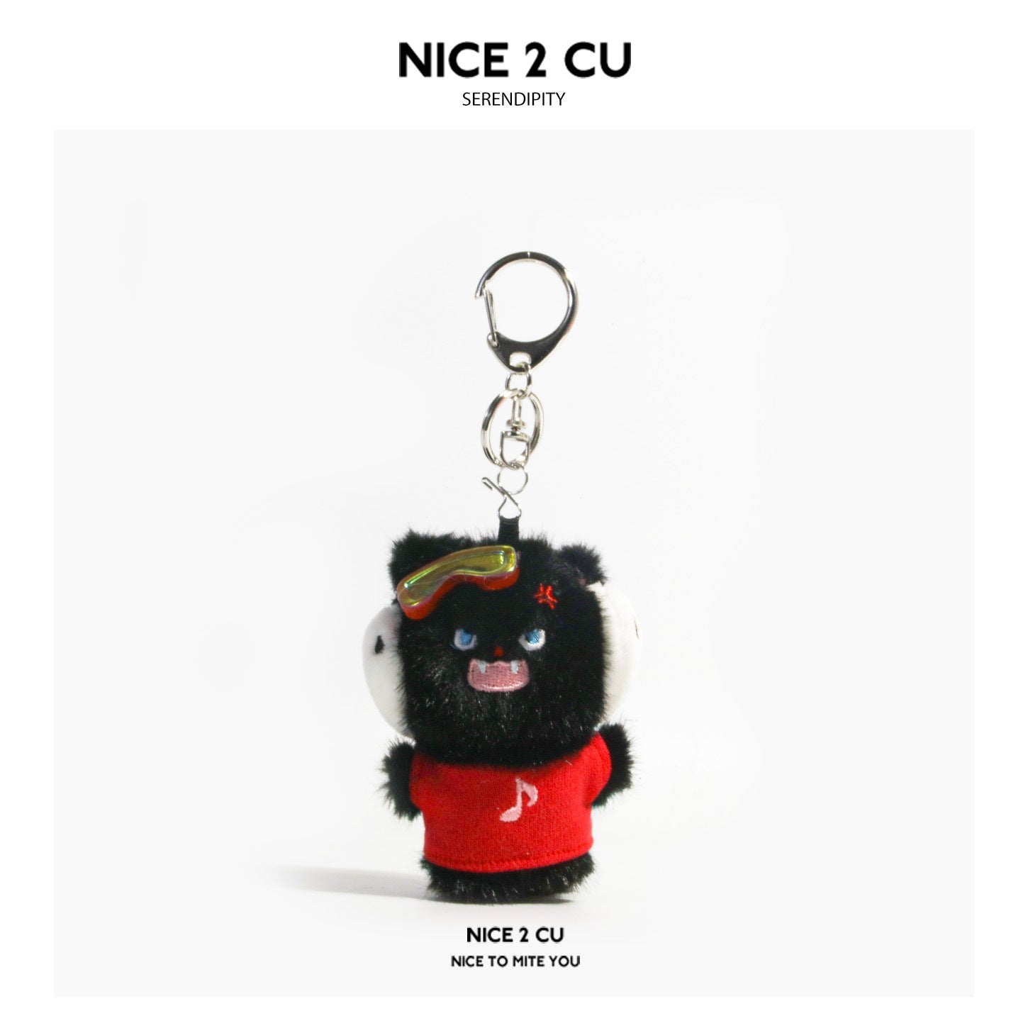 Black fluffy plush cat keychain charm wearing wireless earphones and a red shirt with a musical note, silver clasp