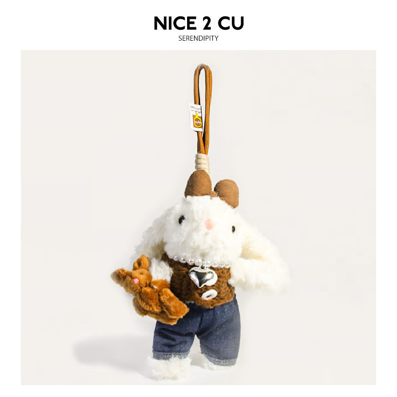 White plush rabbit charm in brown knitted sweater and blue denim pants with clip-on loop hanger