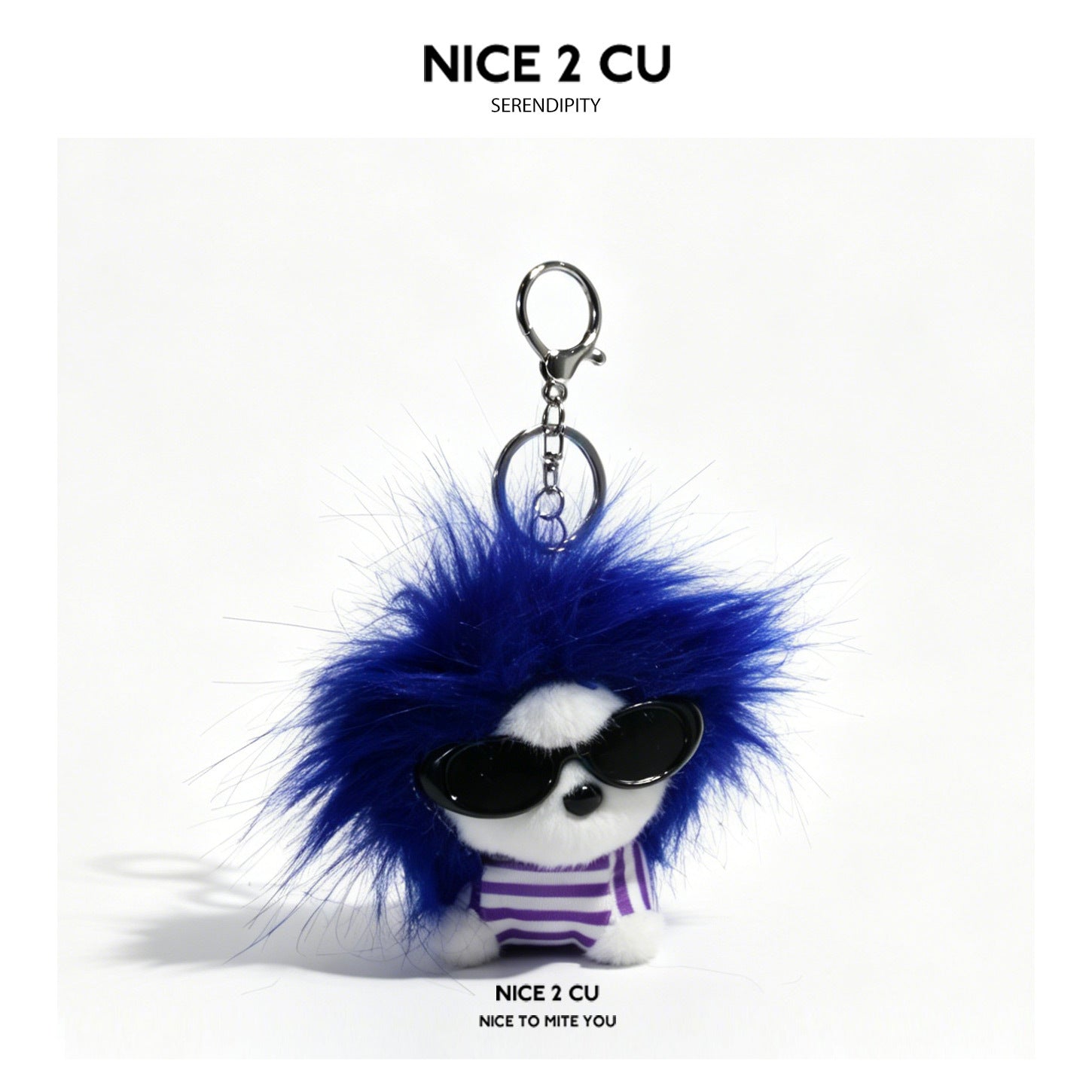 Sha Ma Te plush dog keychain with blue shaggy hair, black sunglasses, and striped outfit on metal clip