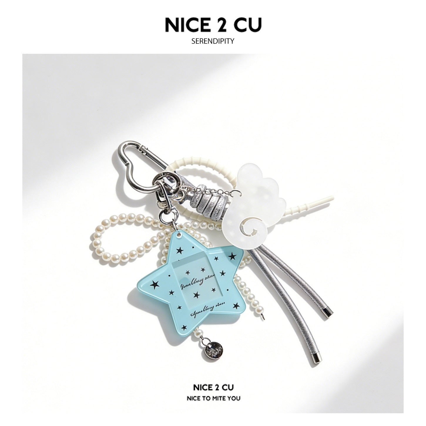 Light blue star-shaped acrylic card holder keychain charm with faux pearl beads, silver tassel, and translucent cloud-moon pe