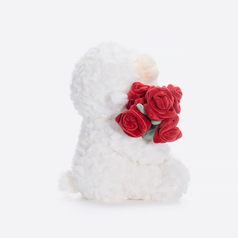 The ZEIO Rose-holding Lamb Plush Toy (29cm) features an adorable sheep doll facing left, holding a red fabric rose bouquet behind its back—perfect as a Valentine’s gift.