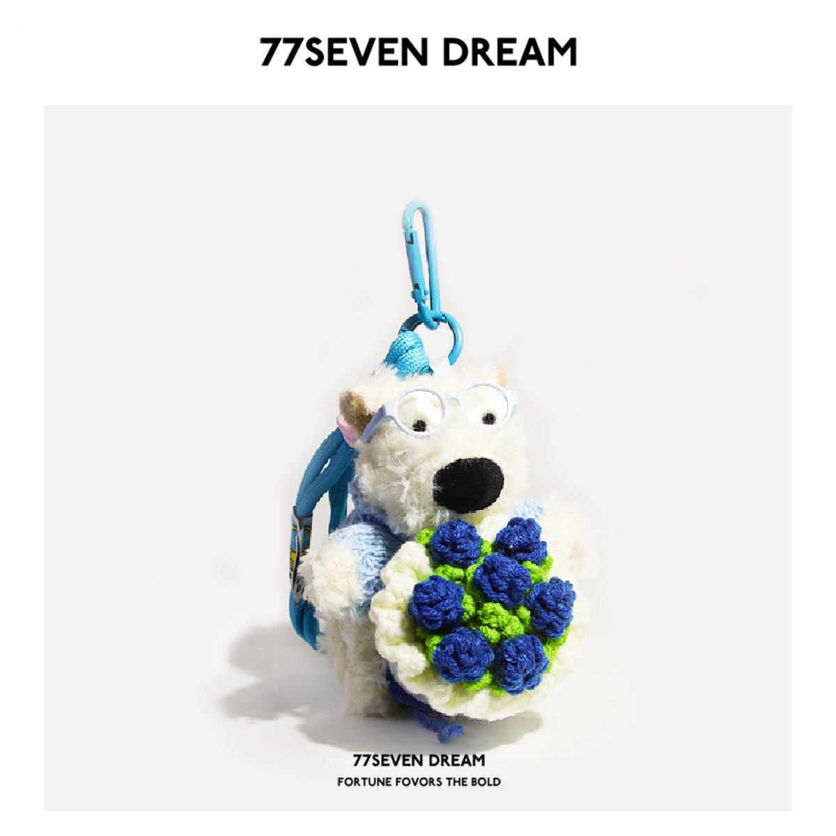White West Highland Terrier plush charm featuring blue glasses, blue accents, and a blue-and-green flower bouquet