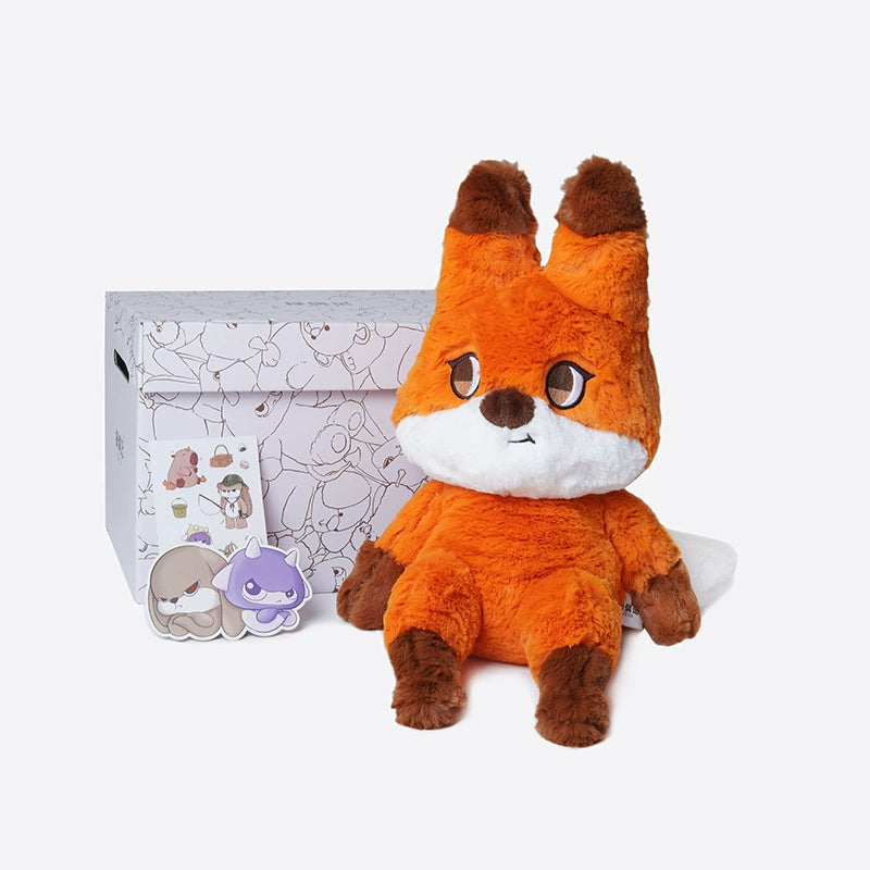 The ZEIO Fox Plush Toy 42cm – Soft Large Stuffed Animal with Fluffy Tail sits before a patterned box, joined by two animal pins and a sticker sheet with charming animal illustrations.