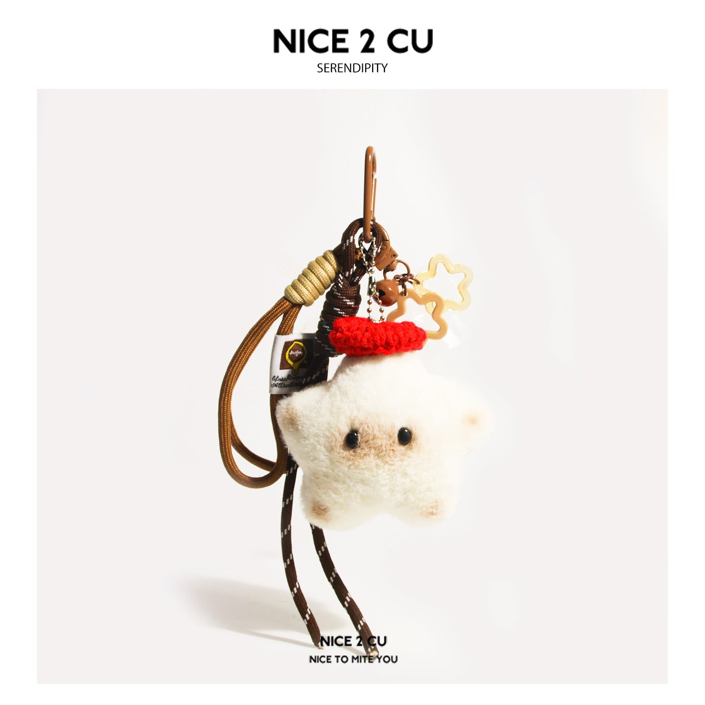 Star-shaped cat plush keychain pendant with double star outline charms and braided cord tassel