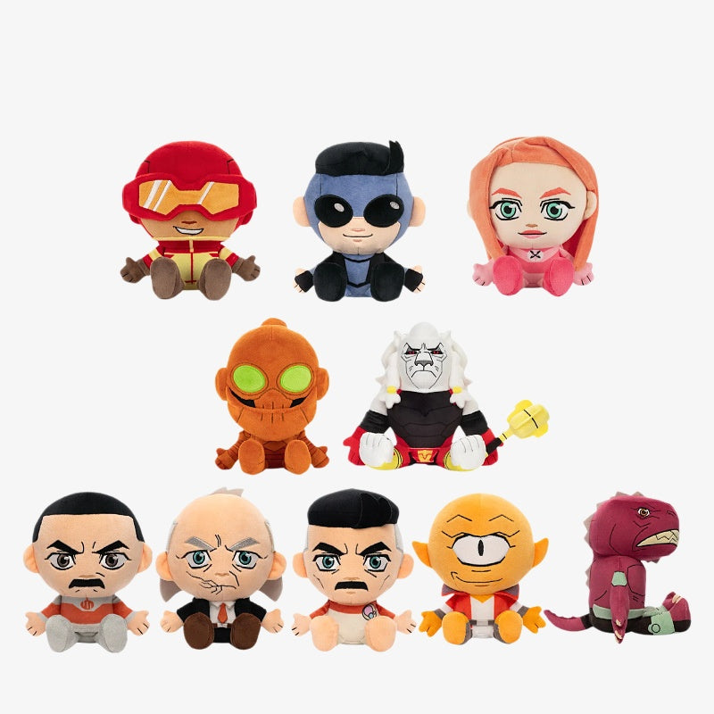 The ZoDoll Invincible Animated Series Plush Toy Collection features ten 18x20cm soft superhero and villain dolls, each with unique cartoonish designs, including special Omni-Man and Invincible plushes.